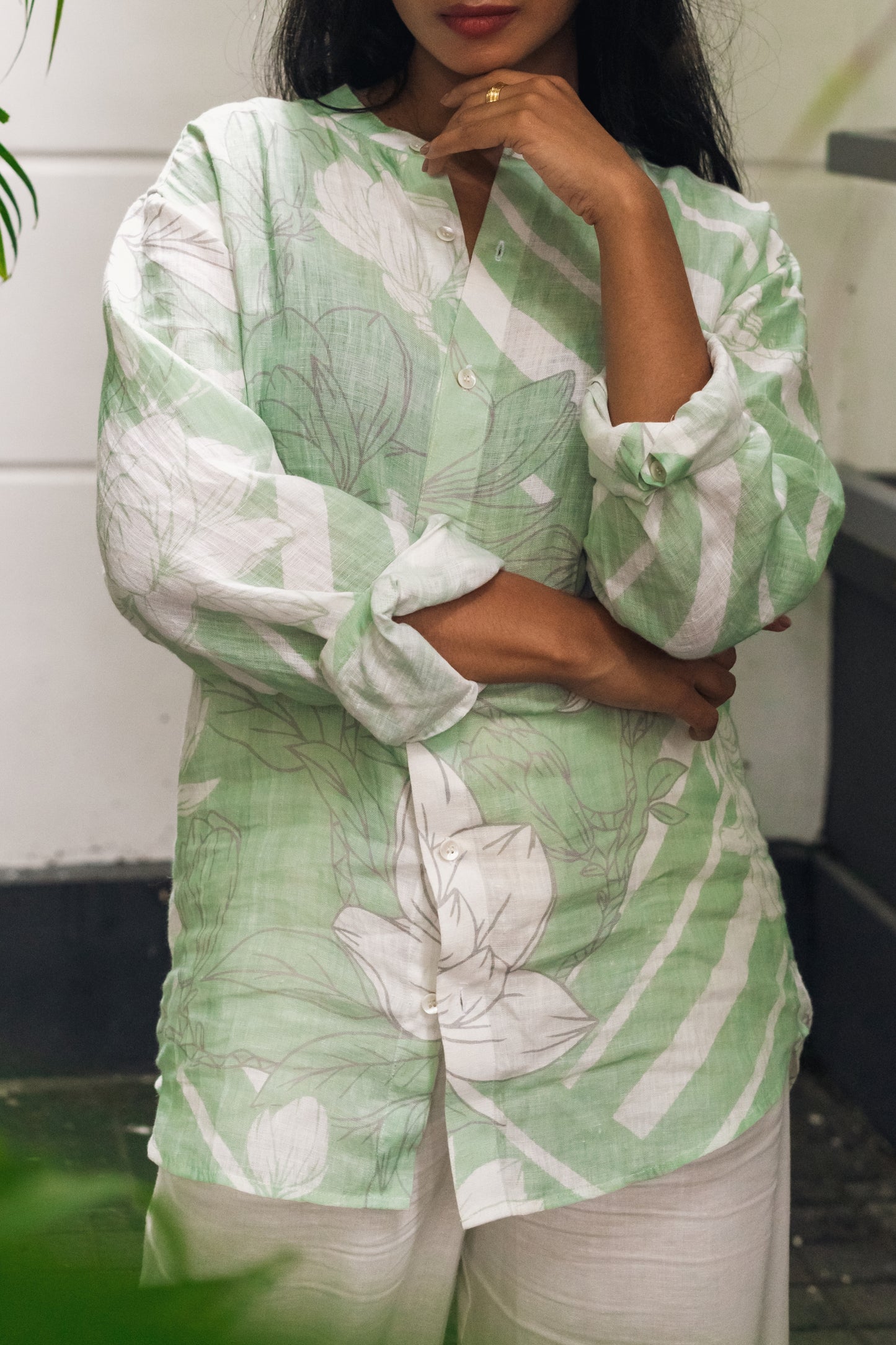 Printed Linen Eva Shirt- Mint