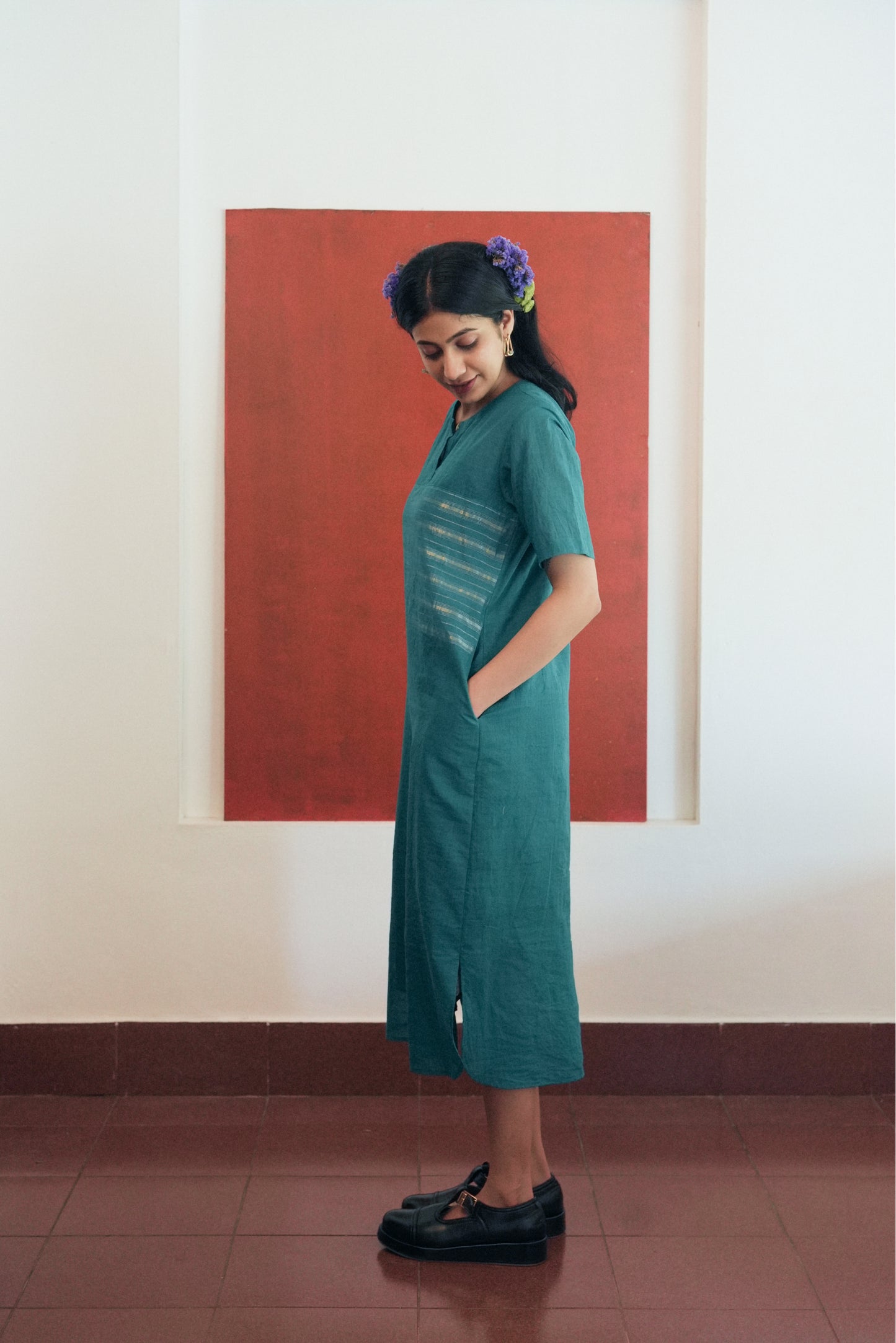 Handwoven Zari Promy Dress- Teal