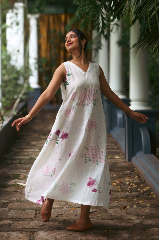 Printed Linen Ruby Dress- White