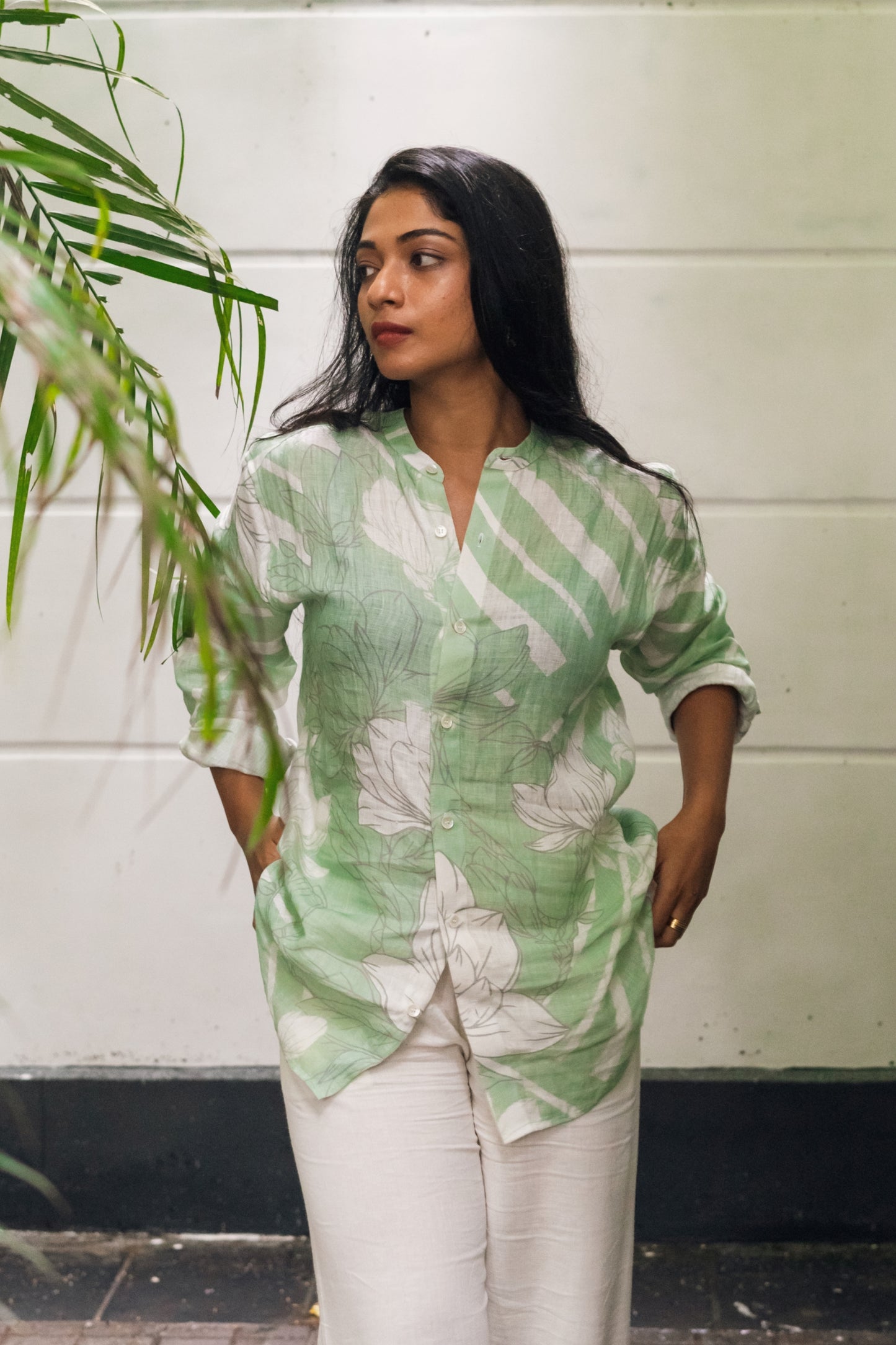 Printed Linen Eva Shirt- Mint